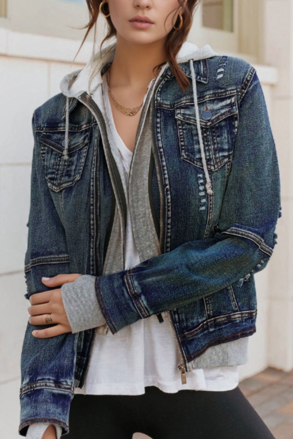 Hooded Zip-Up Denim Jacket