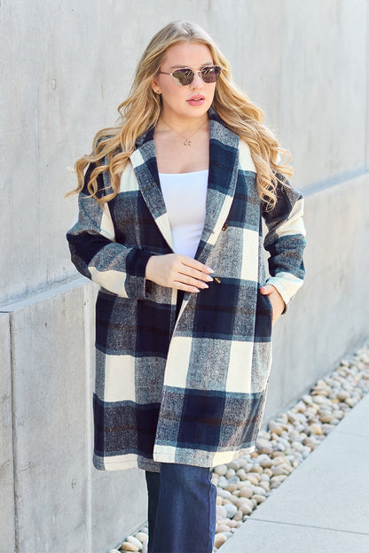 Double Take Full Size Plaid Button Up Lapel Collar Coat 