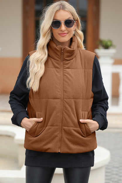 Pocketed Zip Up Turtleneck Vest Coat