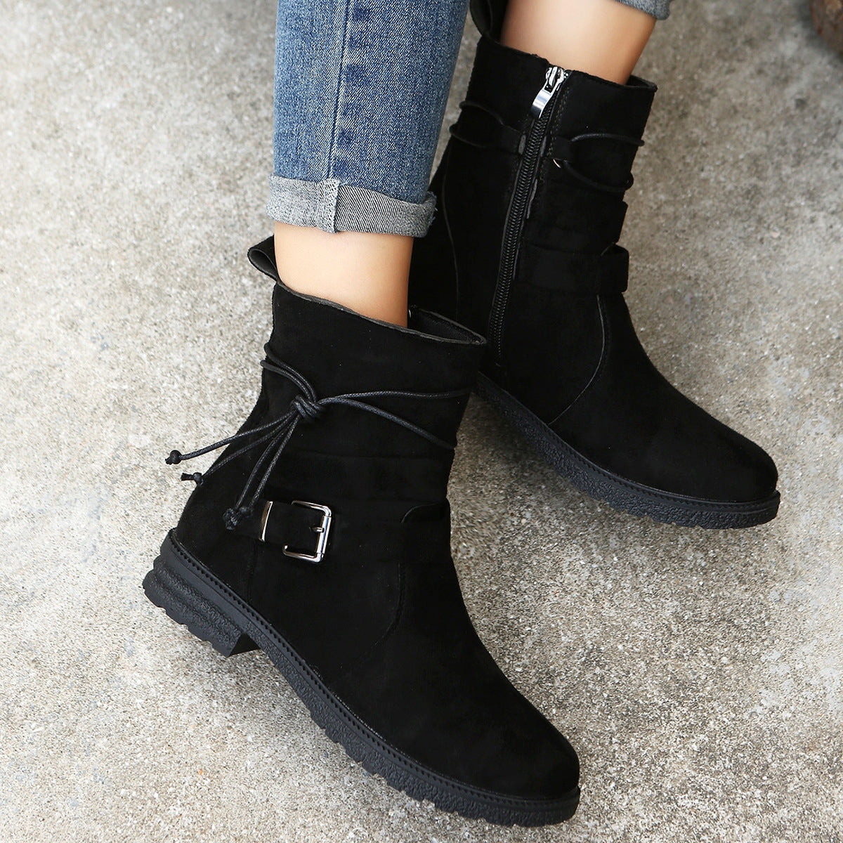 Side Zip Round Toe Boots