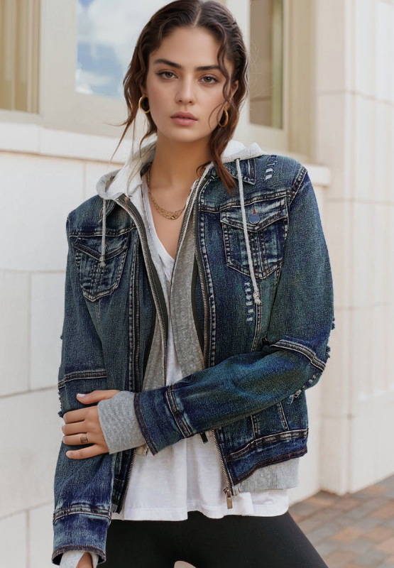 Hooded Zip-Up Denim Jacket