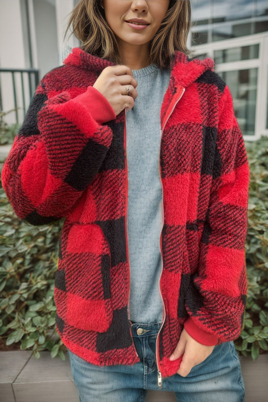 Full Size Plaid Long Sleeve Hooded Coat 