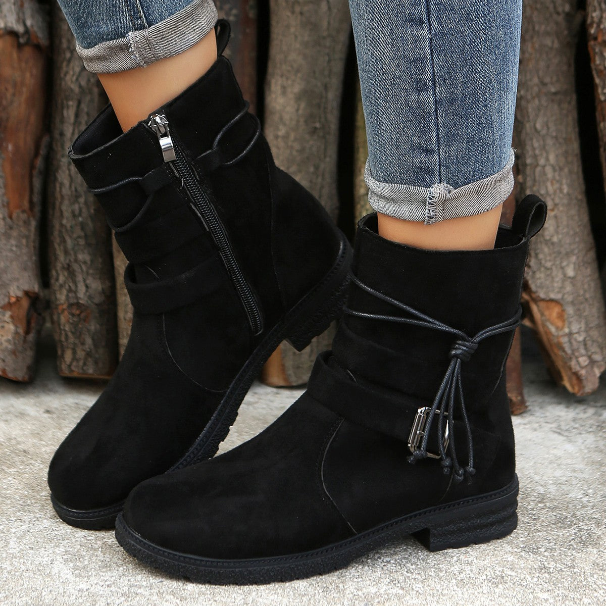 Side Zip Round Toe Boots