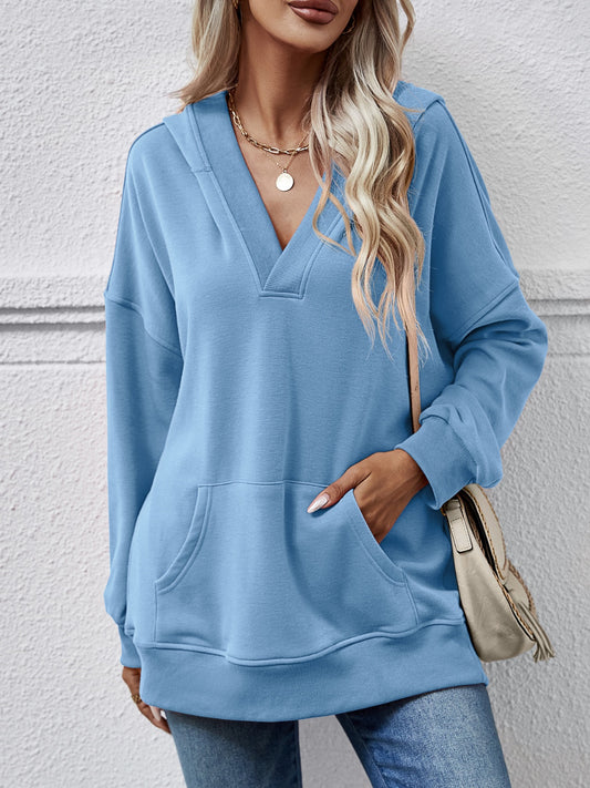 V-Neck Drop Shoulder Long Sleeve Hoodie 