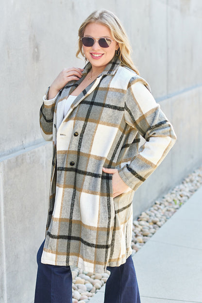 Double Take Full Size Plaid Button Up Lapel Collar Coat 