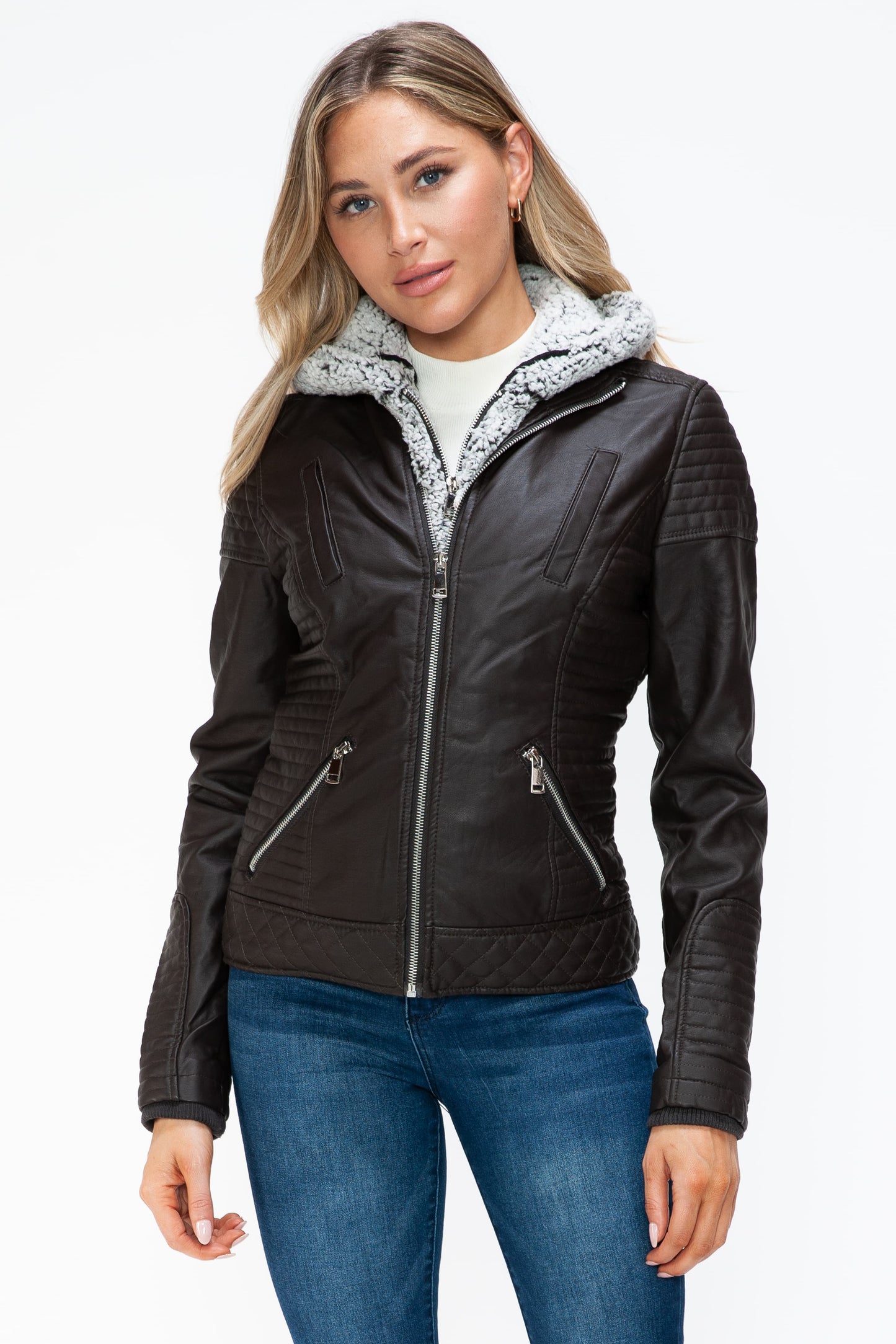 Layered Double-Zipper Jacket with Fuzzy Hood