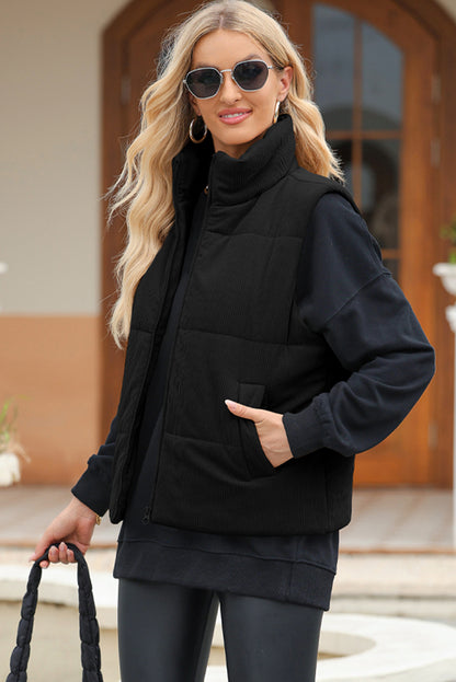 Pocketed Zip Up Turtleneck Vest Coat 