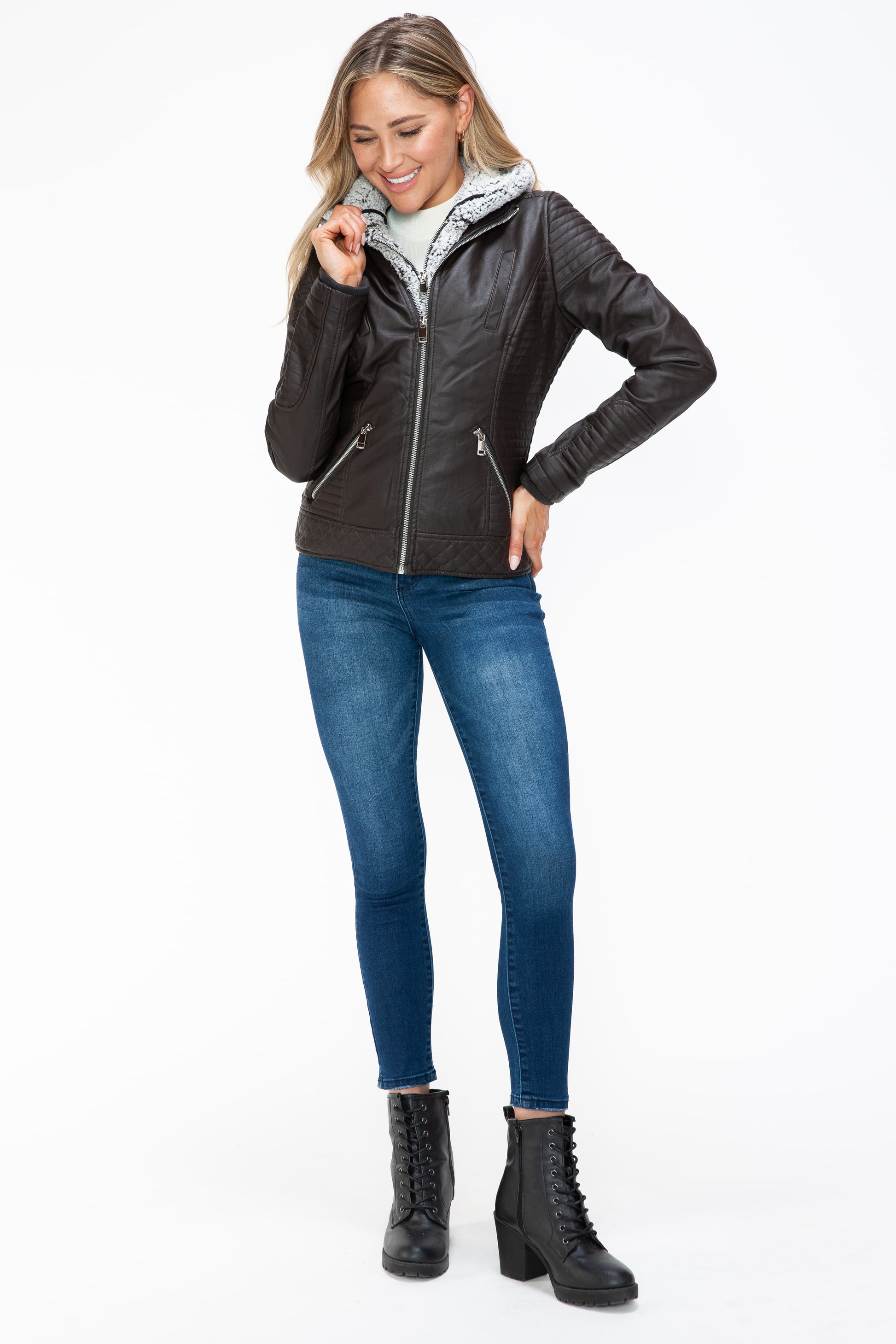 Double-Zipper Jacket with Fuzzy Hood
