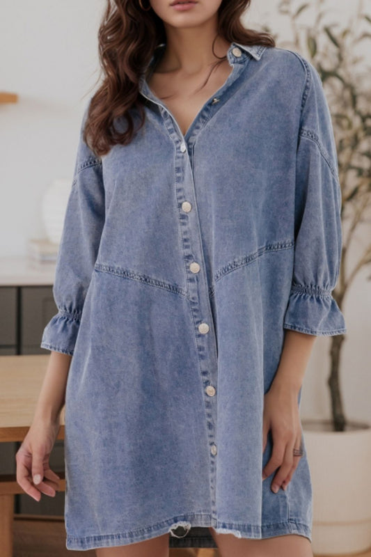 Collared Neck Flounce Sleeve Denim Dress