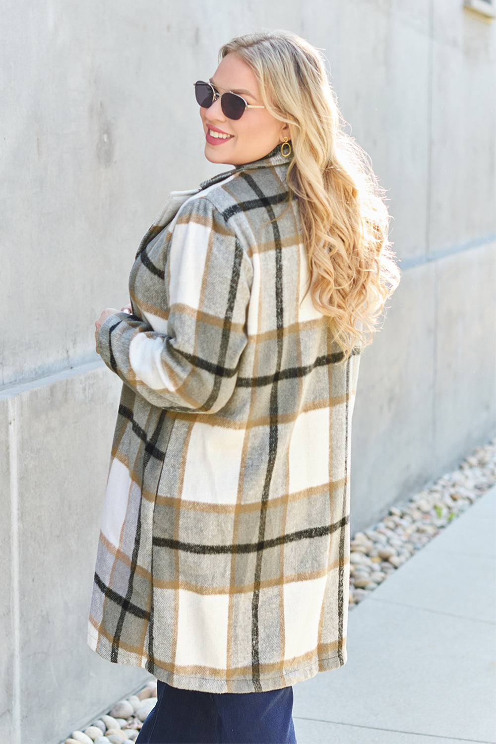 Full Size Plaid Button Up Lapel Collar Coat 